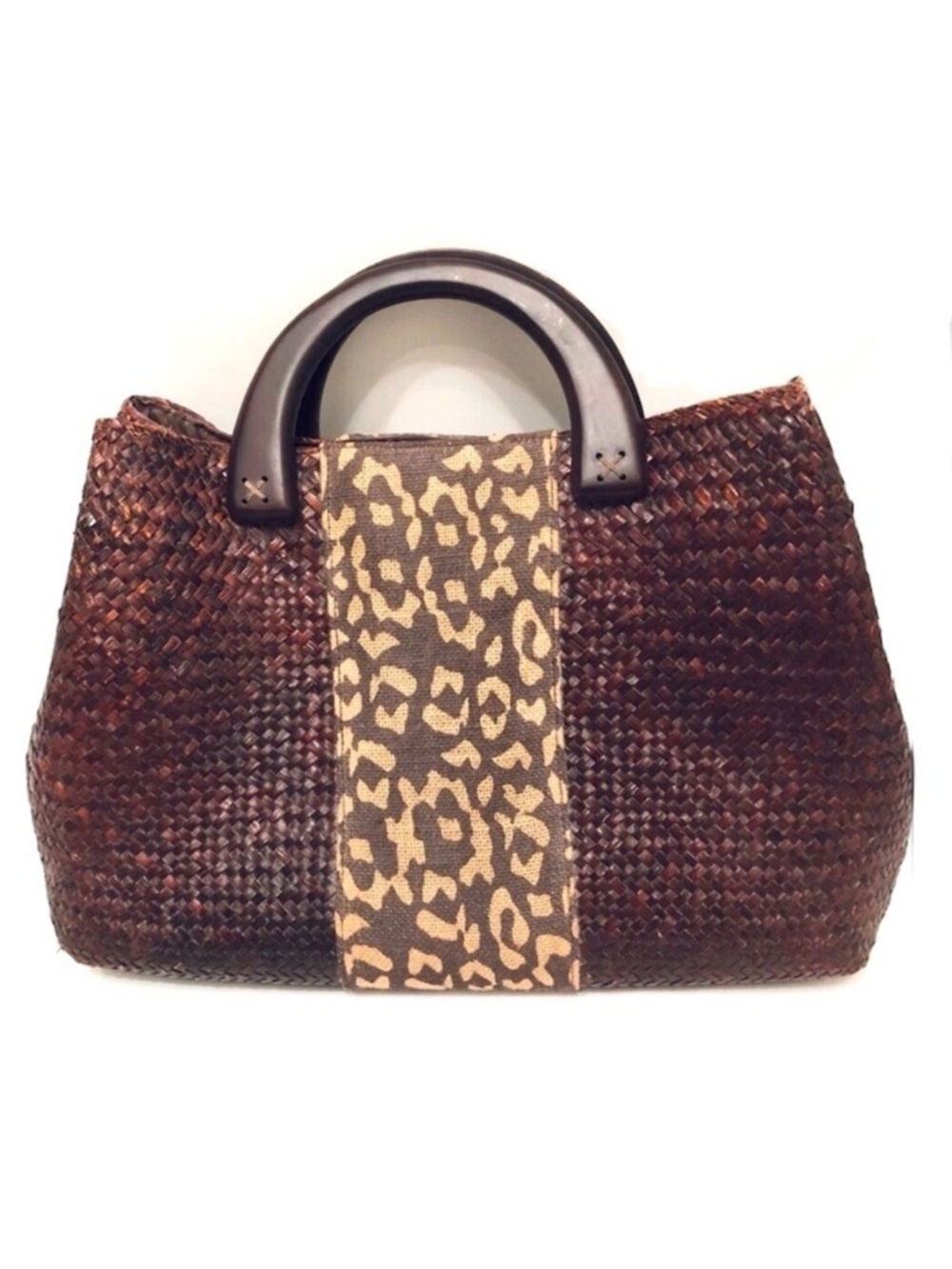 Elegant Brown Palm Leaf Woven Tote with Leopard Accent